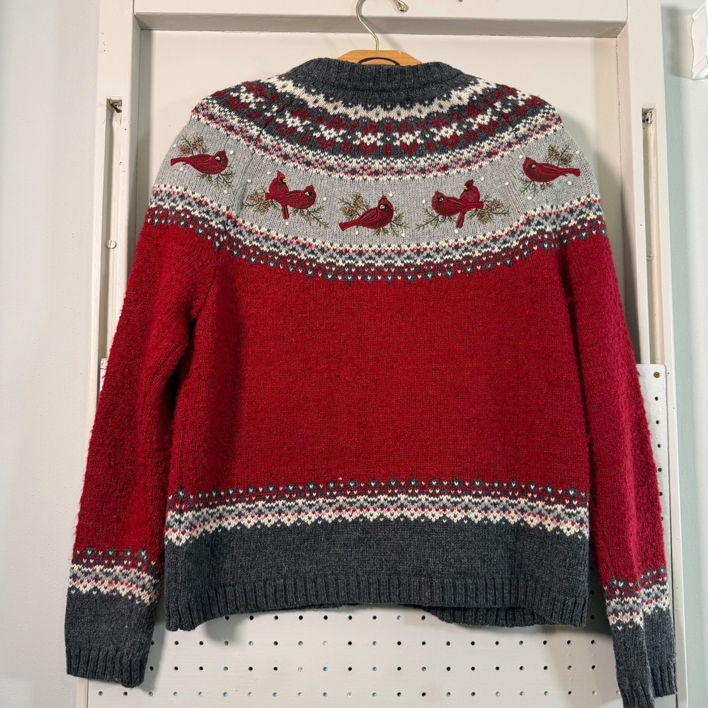 Holiday Winter Cardigan Sweater Womens Red Embroidered Cardinal Full Zip - Small - Picture 5 of 12